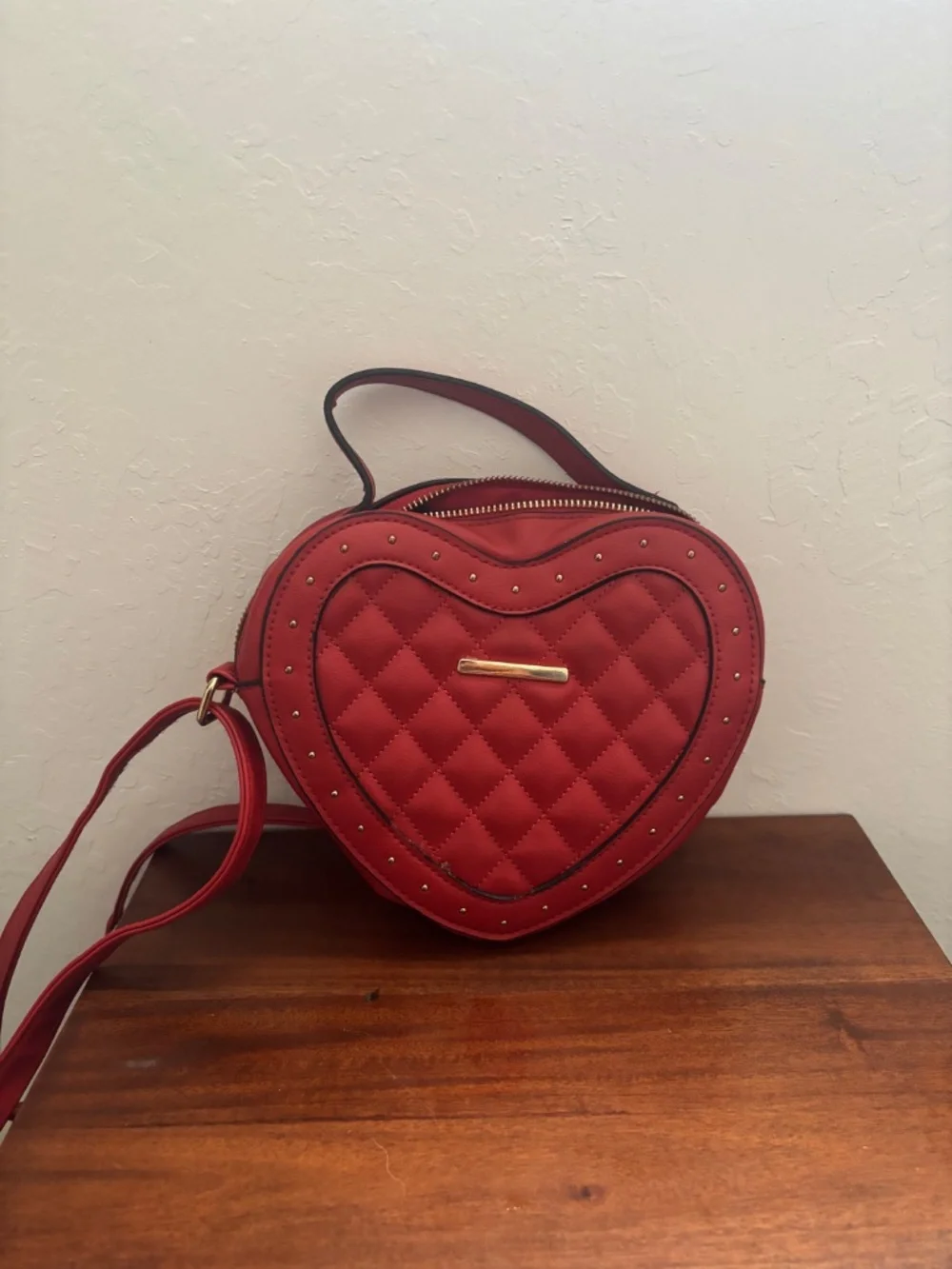 Primark Quilted Red Heart Crossbody Bag with Studded Trim